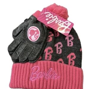 Fashion Barbie Pink and Black Kids Hat and Gloves Set